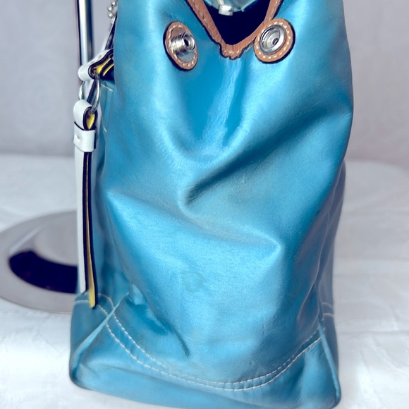 COACH Hampton aqua blue and white double handles nylon/satin satchel.  #F11993 - Picture 10 of 15
